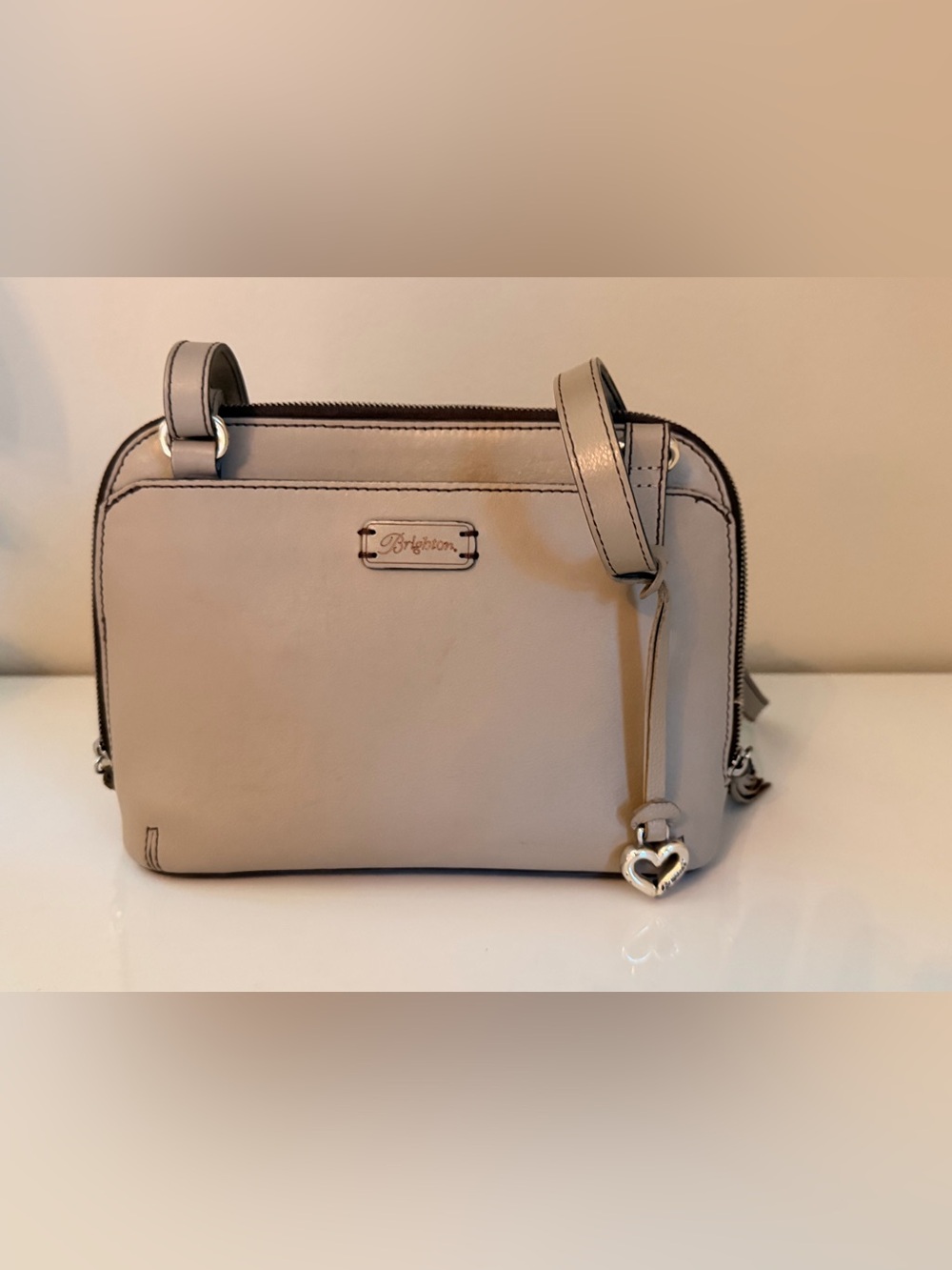 Brighton Laser Cut Floral Leather Organizer Crossbody Bag Taupe EUC - Picture 3 of 15